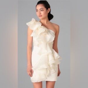 NWT Marchesa Notte One Shoulder Ruffle Mini Cocktail Dress Womens 12 Bride Ivory